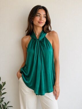 Torrid Emerald Green Satin Halter Top Size 2 (18/20) Flowy Blouse